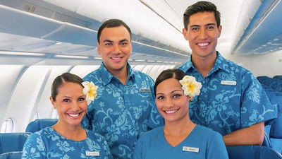 Flight attendants create an island-style mood on Hawaiian Airlines. // © 2015 Hawaiian Airlines
