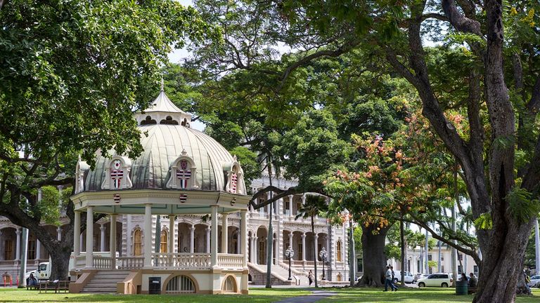 Flanking Iolani Palace is its charming bandstand, site of free, ongoing performances by the Royal Hawaiian Band.