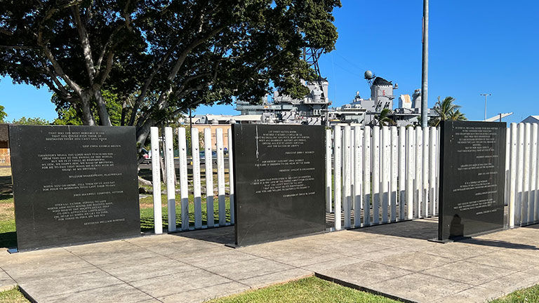 The USS Oklahoma Memorial honors the 429 crewmen who died aboard the battleship on December 7, 1941.
