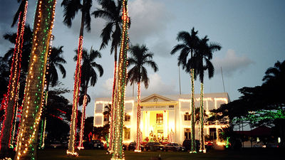 Lihue’s historic county building turns into a winter wonderland during the month-long Festival of Lights.