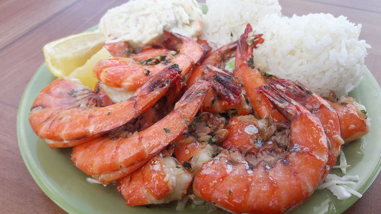 Aunty Pat's Cafe showcases Kualoa-grown products in such dishes as garlic shrimp.