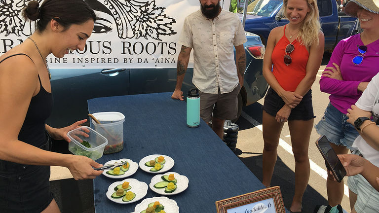 Kimya Sadaghiani of Harmonious Roots shares tastes of her Persian-Kauaian recipes at the farmers market.