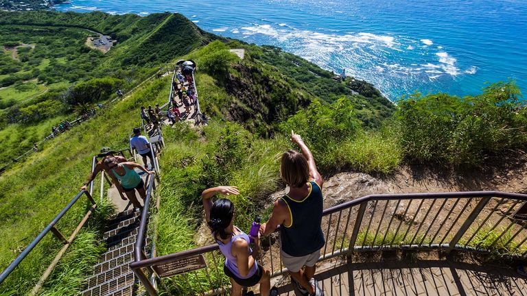 Pull-outs and landings along the Diamond Head trail give hikers time to catch their breath and enjoy the views.