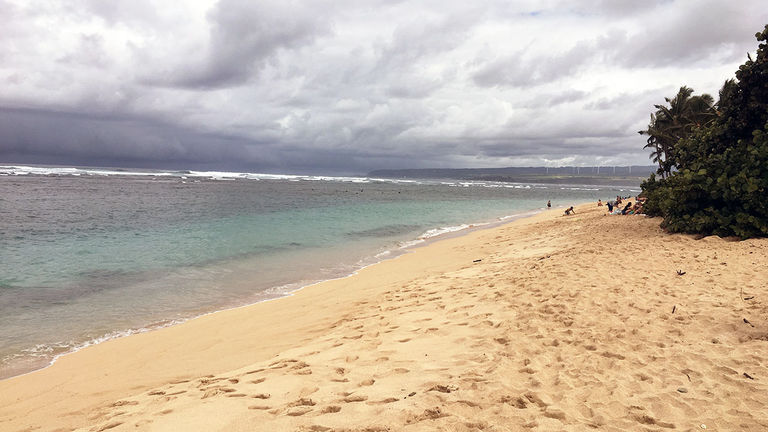Even on a cloudy day, Aweoweo is Waialua's go-to beach for swimming and relaxing.