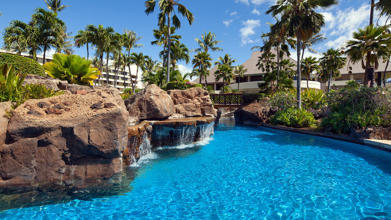 The resort is home to a lagoon-style pool with lava rock.