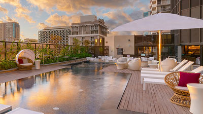 Near the wading pool is a fire pit and a taro patch. // © 2017 Hyatt Centric Waikiki Beach