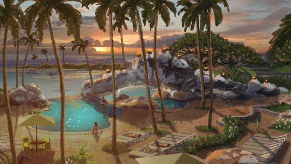 An artist rendering of the new pool and water-play area at Aulani // © 2013 Disney 3