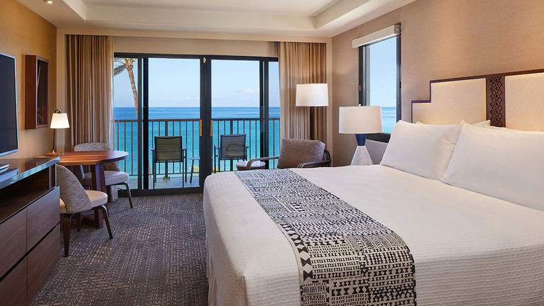 A recently renovated guestroom at Kaanapali Beach Hotel