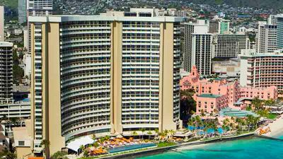 Starwood's three oceanfront hotels (from left), Sheraton Waikiki, Royal Hawaiian and Moana Surfrider, play a starring role in the current season of “Hawaii Five-0.” // © 2015 Starwood Waikiki