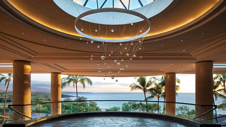 The lobby of The Westin Hapuna Beach Resort welcomes guests with a dramatic sculpture representing the rain that nourishes Hawaii Island.