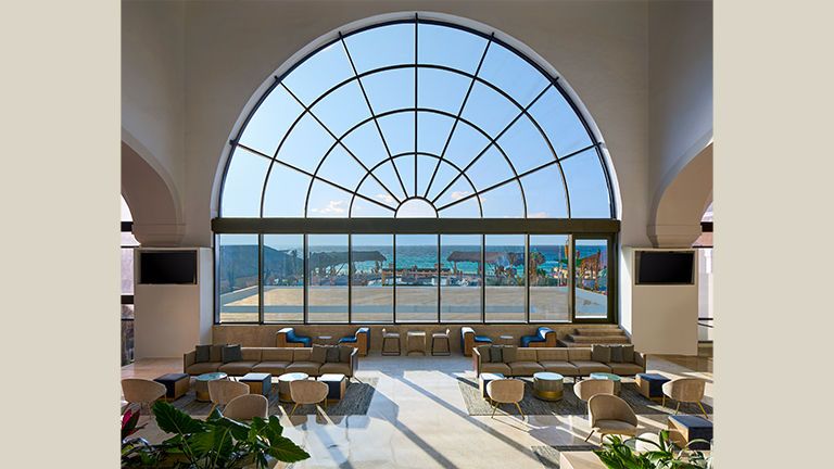 The Greatroom lobby area features ocean views.
