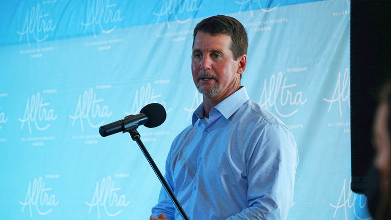 Scott LePage, president for the Americas of Wyndham Hotels & Resorts, spoke during a ribbon cutting ceremony April 26, launching the new Wyndham Alltra all-inclusive brand. Scott LePage, president for the Americas of Wyndham Hotels & Resorts, spoke during a ribbon cutting ceremony April 26, launching the new Wyndham Alltra all-inclusive brand.