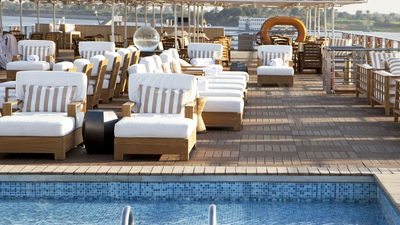 On Uniworld’?s intimate 82-passenger River Tosca, guests enjoy a luxurious sundeck with cabanas and a pool. // © 2015 Uniworld Boutique River Cruise Collection