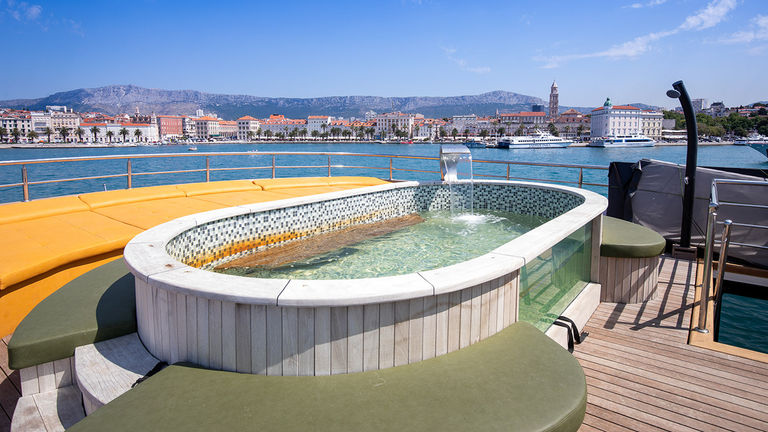 Most routes include swimming spots; but clients can also opt to spend time in the onboard Jacuzzi (shown here on Bella).