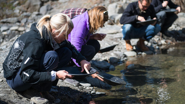 Travelers can experience the days of the gold rush by panning for gold in Palmer or Skagway, Alaska.
