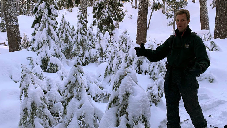 Naturalist guides, such as founder Dave Nissen, share insight into the environment during a snowshoeing tour.