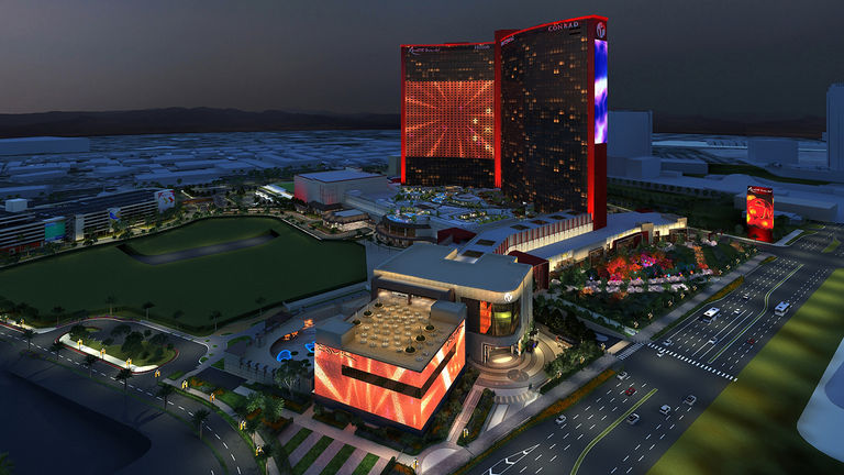 An exterior rendering of Resorts World Las Vegas, which opens on June 24, 2021.