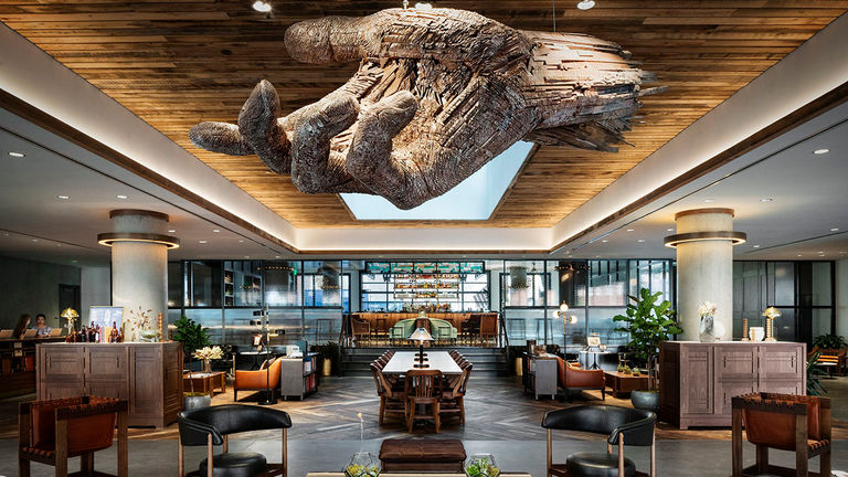 The Maven Hotel’s lobby, which is also shared with visitors to Dairy Block and The Alley at the Dairy Block.
