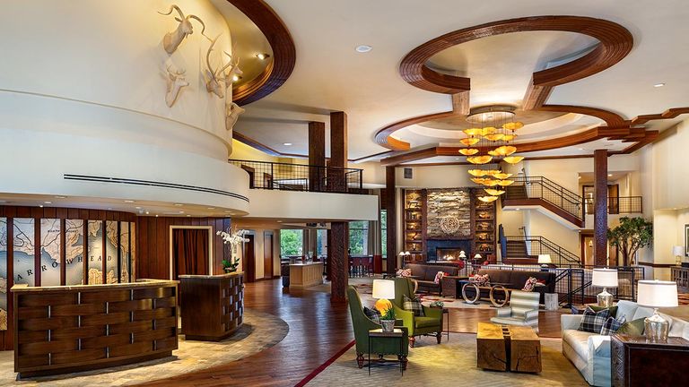 The spacious lobby at Lake Arrowhead Resort and Spa
