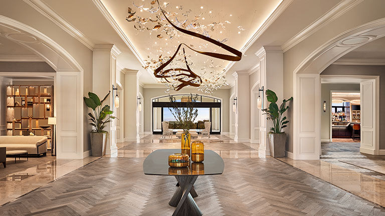 A redesigned lobby features artistic touches and leads directly to the outdoors.