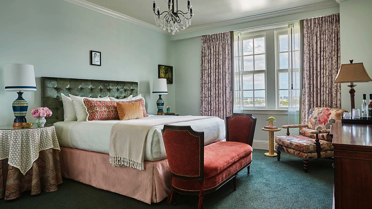 Guestrooms at The Pontchartrain Hotel feature Caribbean and European influences.