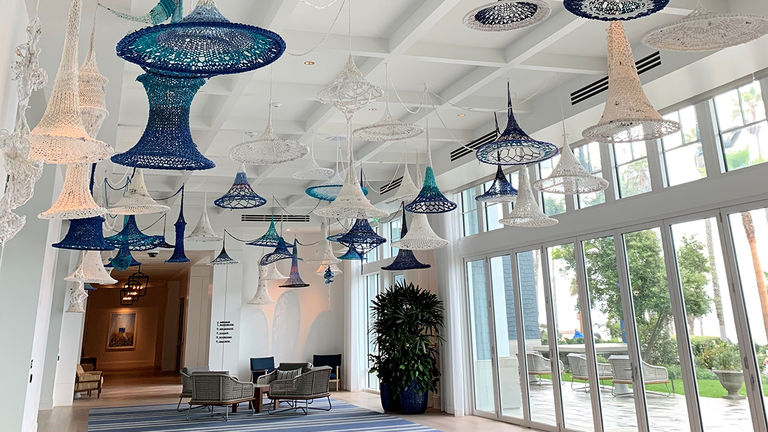T-shirts become works of art at The Seabird, which partnered with the Oceanside Museum of Art for curated installations in the hotel’s public spaces.