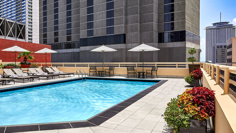 The hotel features a large pool on the eighth floor.