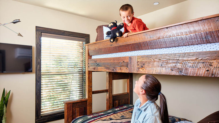 The Family Explorer Cabin features bunk beds and a bathroom that includes a tub.