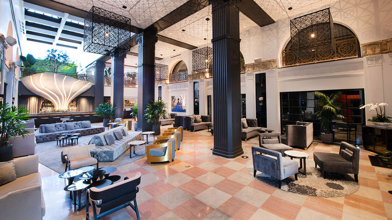 The hotel’s signature plaster “Mayfair Flower” sculpture is located in the lobby.