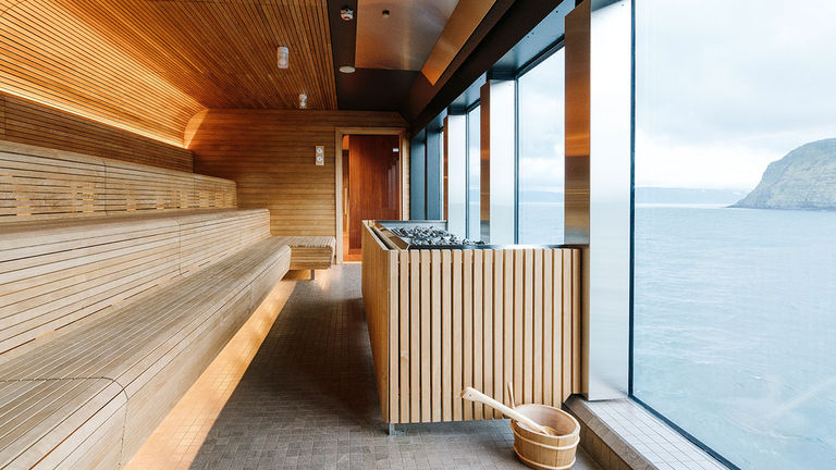 The onboard wellness center includes a sauna with scenic views.