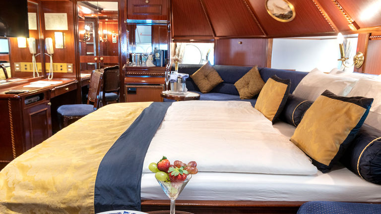 The ship’s decor draws on traditional nautical influences.