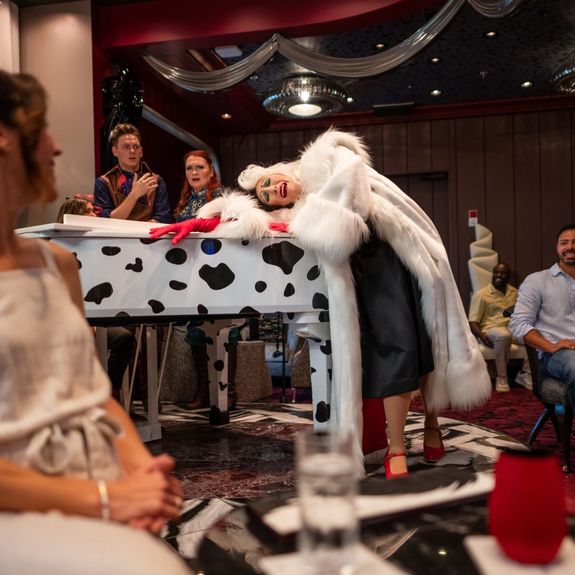 Disney Destiny’s heroes-and-villains theme is found throughout the ship, such as in the new De Vil’s piano lounge.