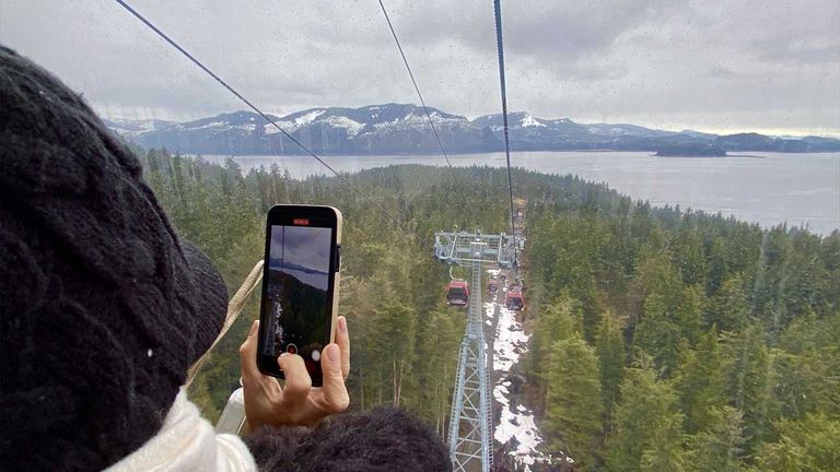 The brand-new mountaintop gondola at Icy Strait point provides spectacular views of the Wilderness Landing below.