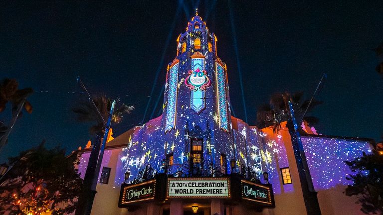 Tinker Bell transforms the Carthay Circle Theater for the “Celebrate Happy – A Little Bit of Magic” projection show.