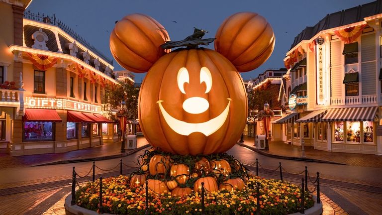 The giant Mickey jack-o-lantern signals the transformation of the Happiest Place on Earth into the Spookiest Place on Earth.