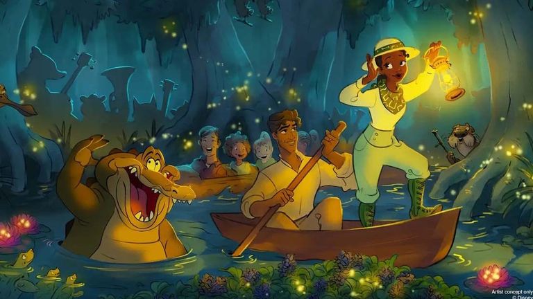 An artist rendering of Tiana’s Bayou Adventure