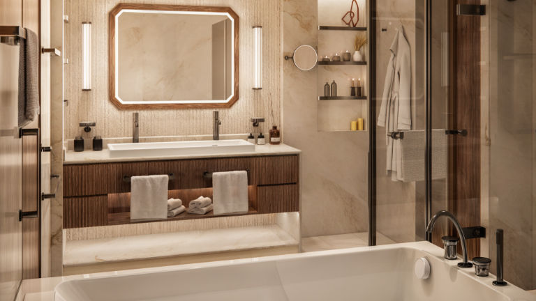 A rendering of the suite bathroom