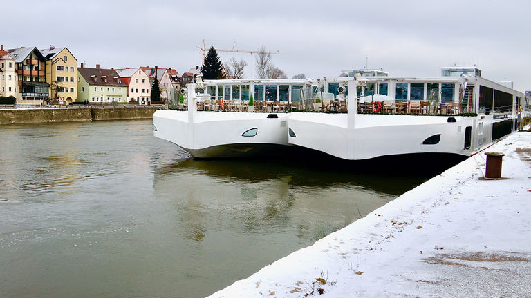 It's not uncommon to see multiple riverboats docked alongside each other in Europe.