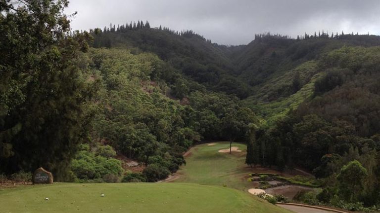 The signature 17th hole at the Experience at Koele drops down to a narrow fairway. // (c) 2013 Kenneth Shapiro
