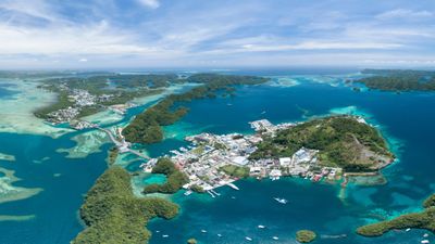An aerial shot of the island country of Palau, which is set in the Micronesia subregion of Oceania in the western Pacific