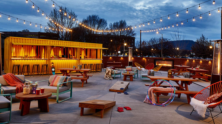 Moxy Chattanooga has a railyard container bar where guests can mingle.