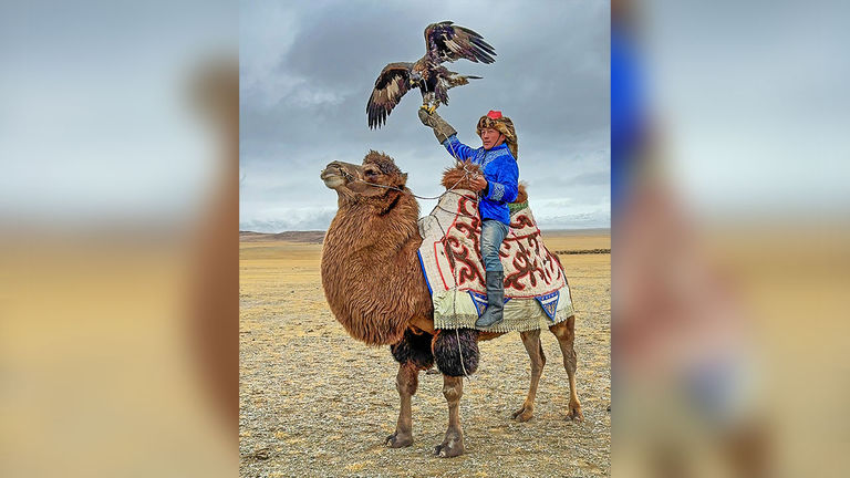 A Mongolian hunter at the annual Golden Eagle Festival.