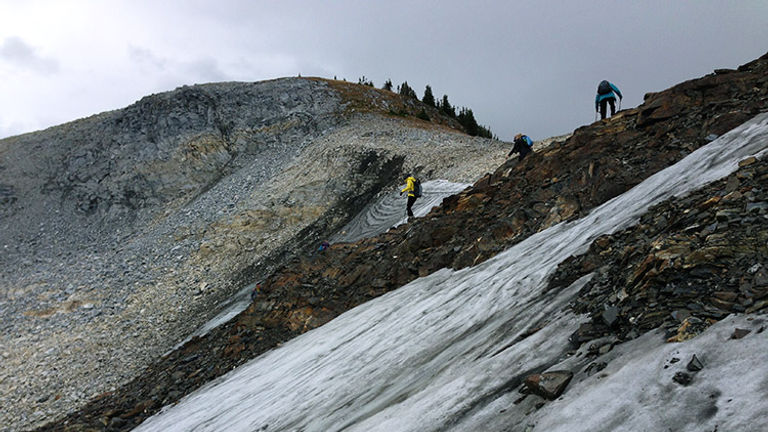 We hiked carefully over the remnant of a glacier, then down a steep slope. // © 2016 Michelle Juergen