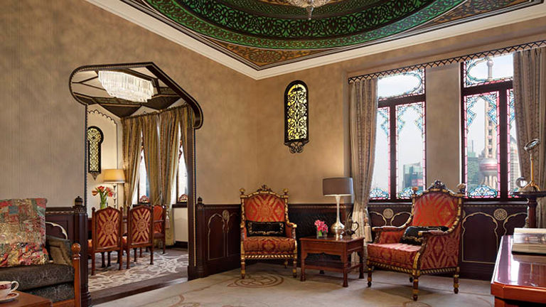 An India-themed suite is part of the property’s “Nine Nations Suites.” // © 2017 Fairmont Peace Hotel
