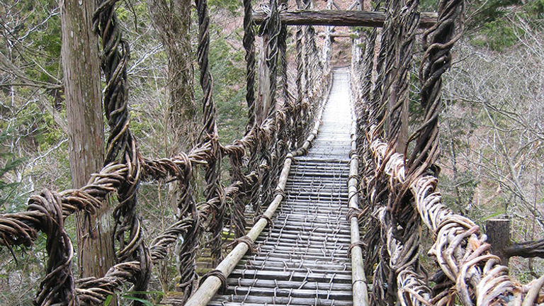 Iya Valley is famous for its numerous vine bridges, such as Kazurabashi Vine bridge, pictured here. // © 2015 Tourism Shikoku and Japan National Tourism Organization