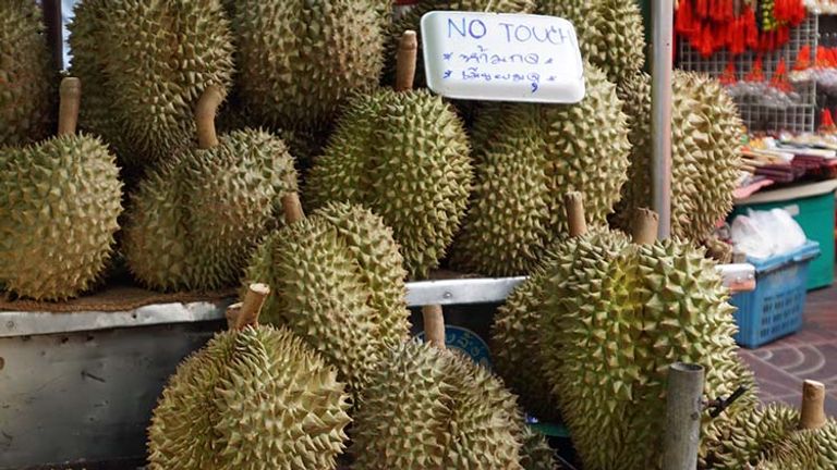 Durian is a type of spiky fruit with a notorious reputation of having a sulfuric odor. // © 2017 Valerie Chen