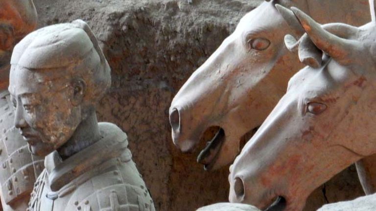 The clay soldiers were also entombed with wooden chariots and weapons such as spears and swords. // © 2015 Shane Nelson