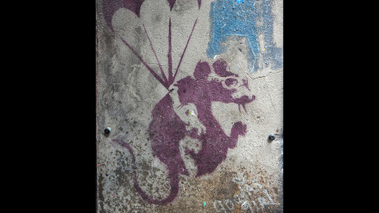 During a stroll down AC/DC Lane, visitors to the area may notice the work of famed street artist Banksy. // © 2015 Shane Nelson