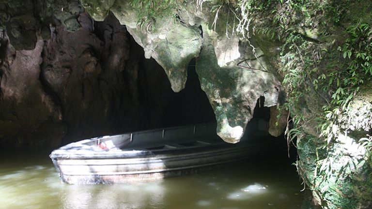 The tour continues with a boat ride through the lower-level cave with glowworms lining the cave’s ceiling. // © 2017 Creative Commons user michellekc