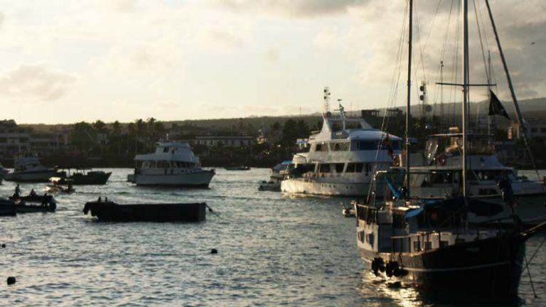 Fishing boats and liveaboard vessels dock near Puerto Ayora at sunset. // © 2013 Richard Lowe